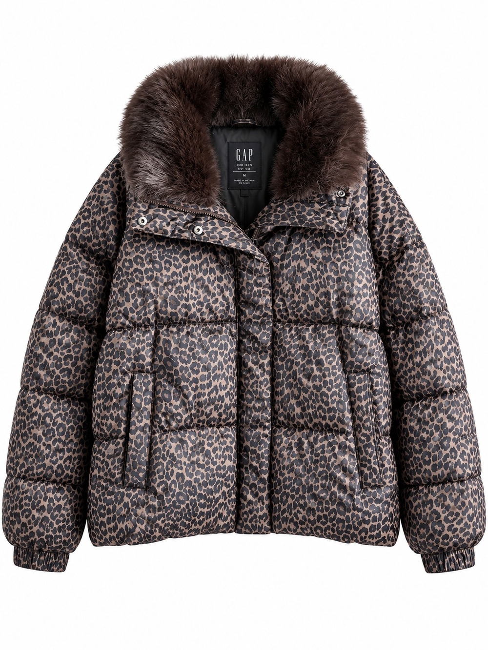 GAP Leopard Print Puffer Jacket with Faux Fur Collar - Brown/Black Size XXL